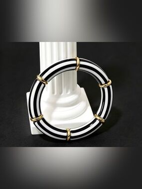 Black & White Striped Bangle Bracelet with Gold Accents